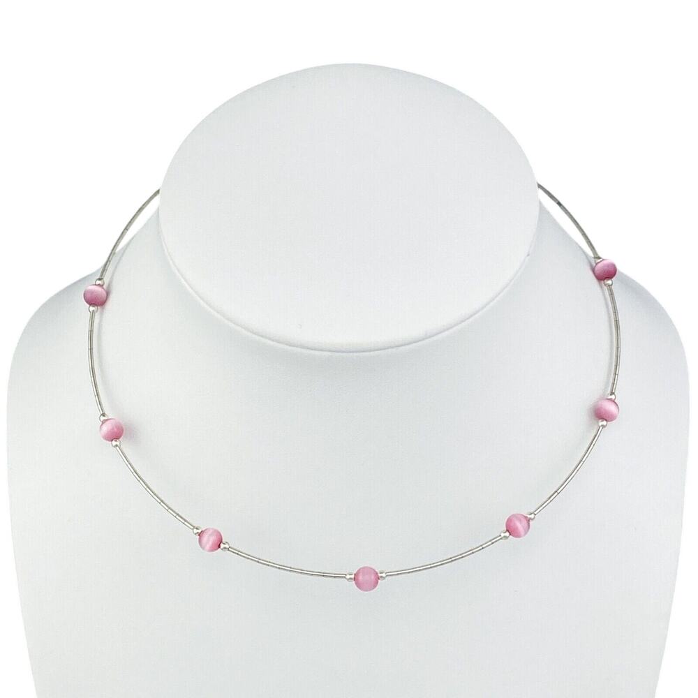 Vintage Sterling Silver 925 Pink Cat’s Eye Flexible Necklace 16"